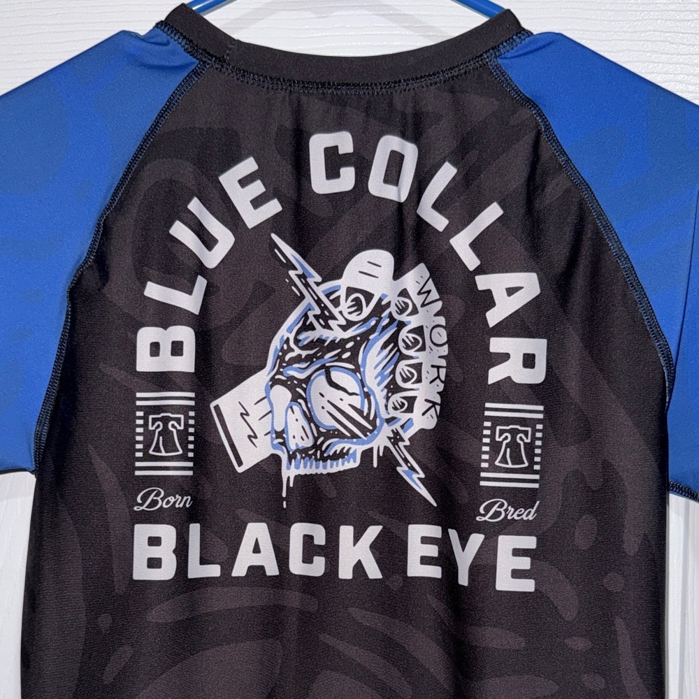 FWH Black and Royal Blue Short Sleeve Rash Guard with Graphic Chest Logo